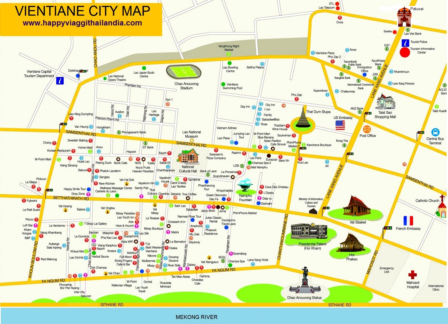 Vientiane: cartina turistica mappa geografica con le attrazioni da visitare nella capitale del Laos