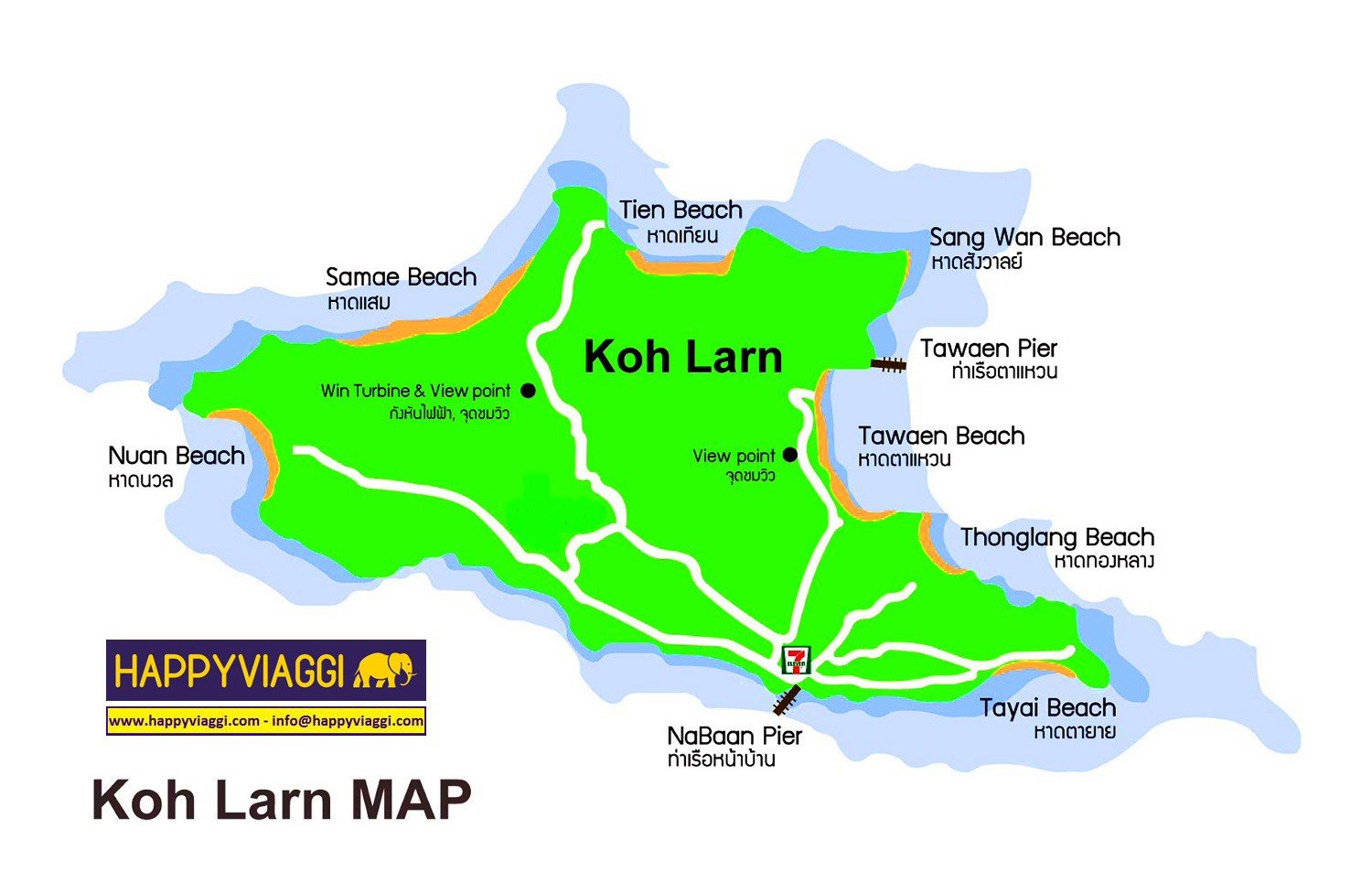Cartina Turistica, Mappa spiagge e porti di Koh Larn, Pattaya, Chomburi, Thailandia