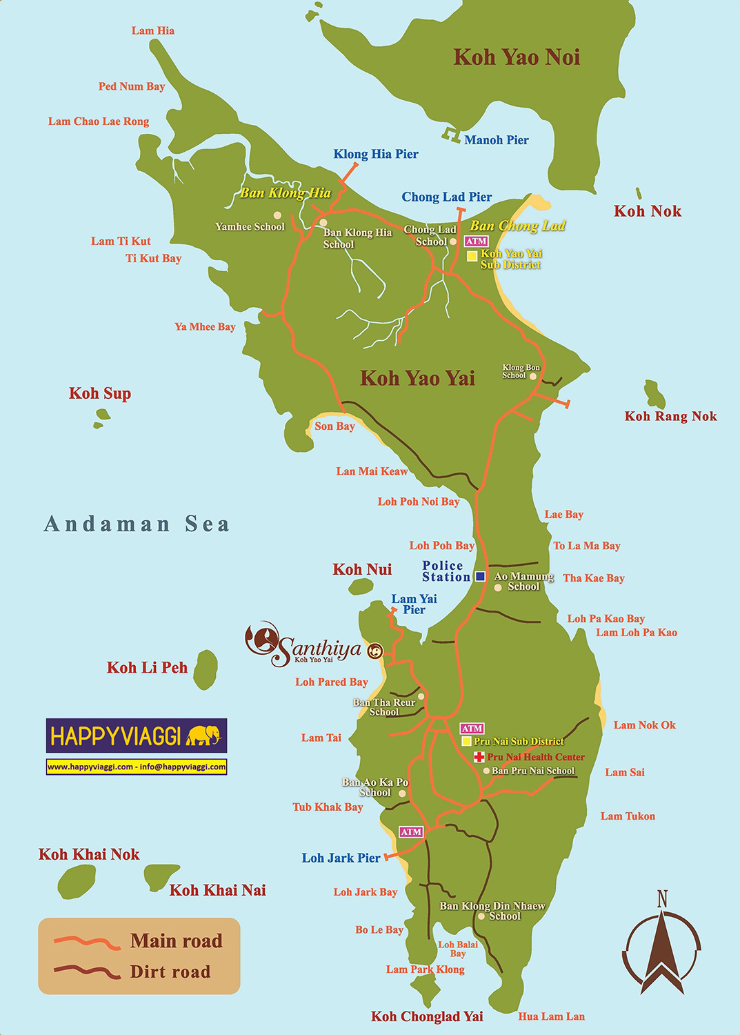 Mappa turistica cartina geografica spiagge isola di Koh Yao Yai, Thailandia