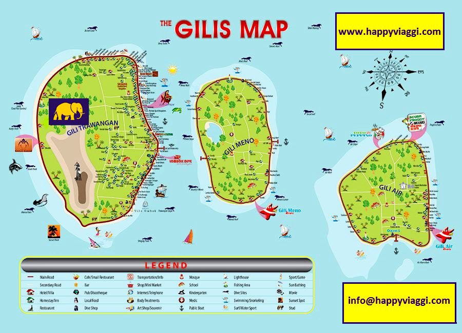 Mappa turistica Hotel, Resort e Spiagge delle Isole Gili: Gili Trawangan, Gili Meno, Gili Air